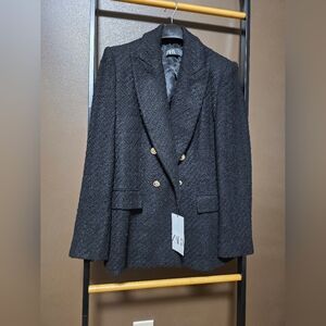 Zara Women's Textured Black Blazer with Gold Buttons